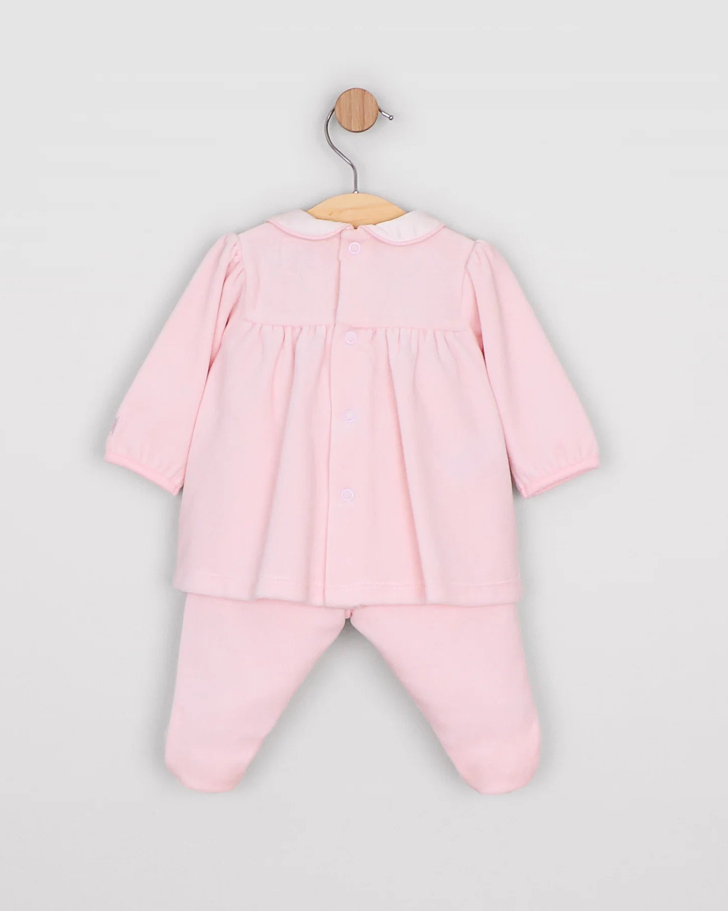 Back view of the Emile et Rose Michelle pale pink baby girls velour outfit set