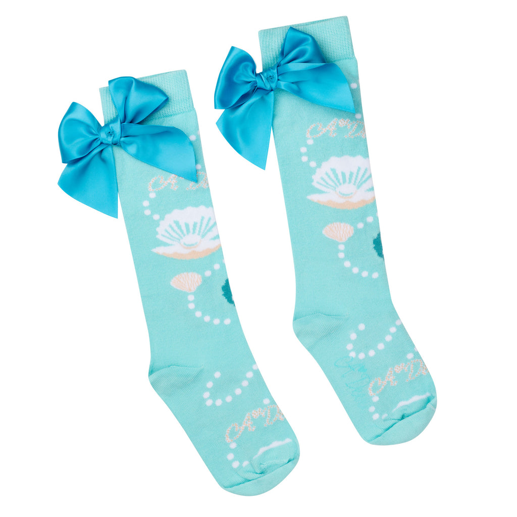 A Dee Girls Blue Pearl Print Knee High Socks