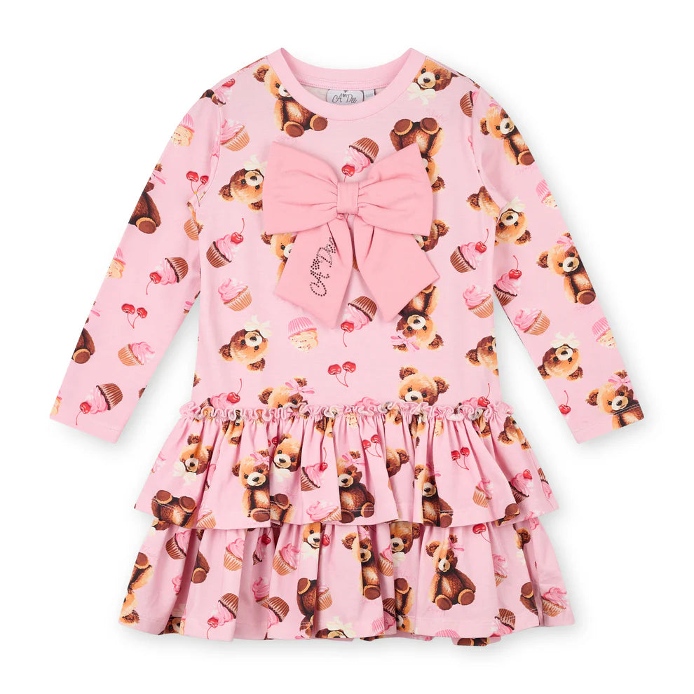 A Dee Liberty girls dress in Teddy Bear Bakery print, triple-frill – front view