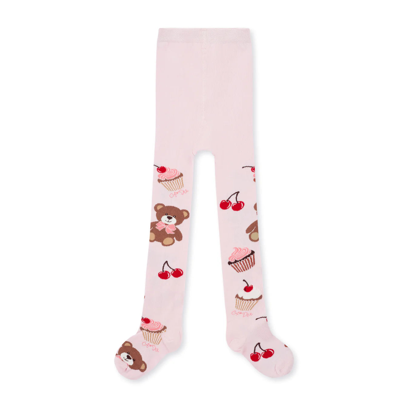 A Dee girls printed pink tights with teddy bear and cherry motif