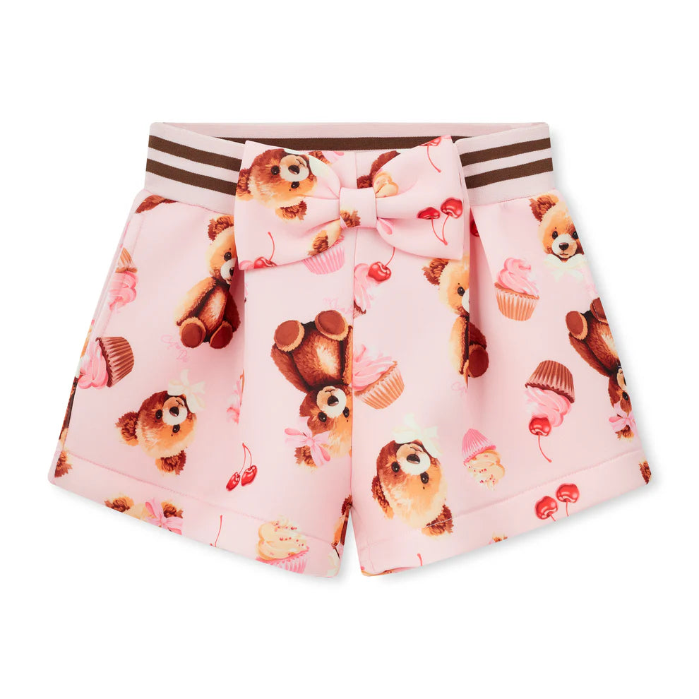 A Dee Maya girls pink teddy print shorts with striped waistband and bow – front view