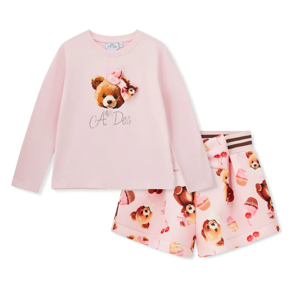 A Dee Maya girls pink bear print short outfit set – top and shorts, flat lay