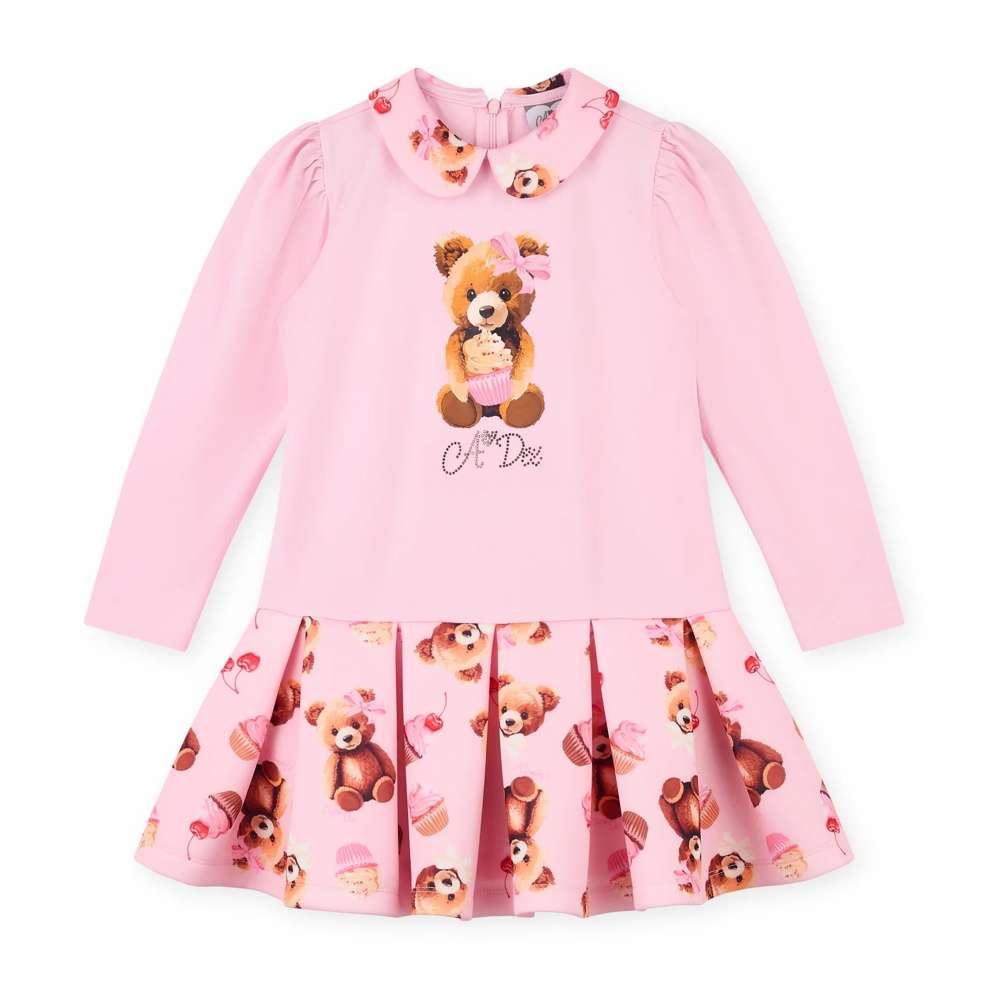 A Dee Meadow girls pink bear print pleated long sleeve dress – front view
