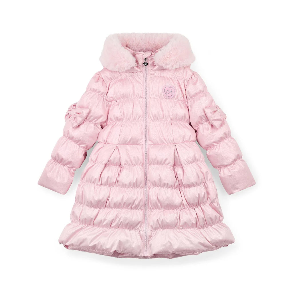 A Dee Montana girls pink long metallic padded jacket – front view with faux-fur hood