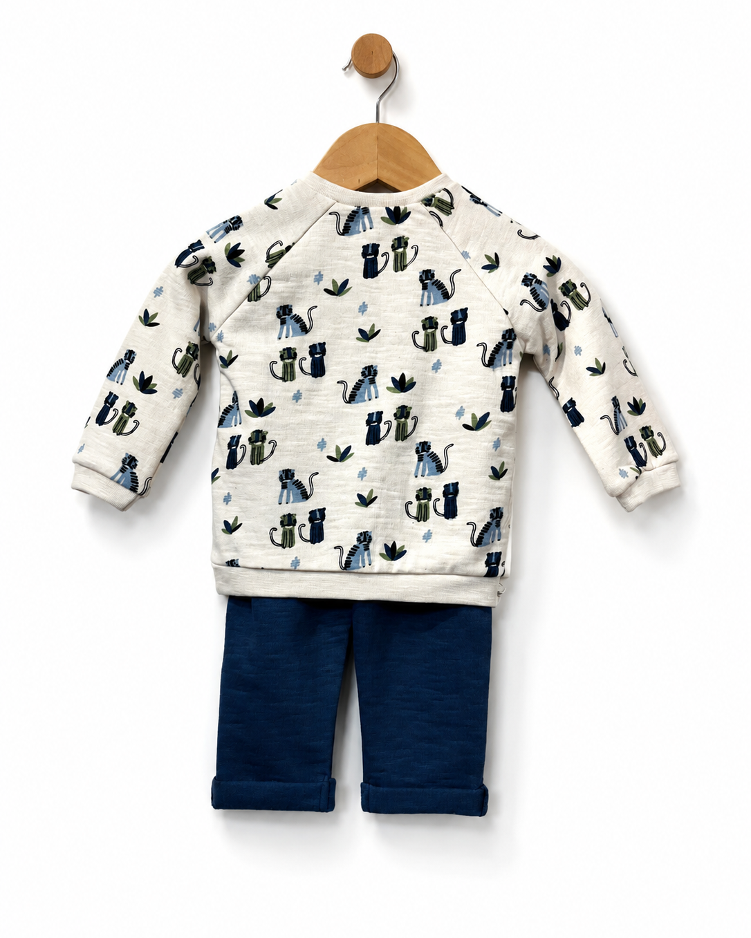 Babybol baby boys cat print top and navy trousers set back view