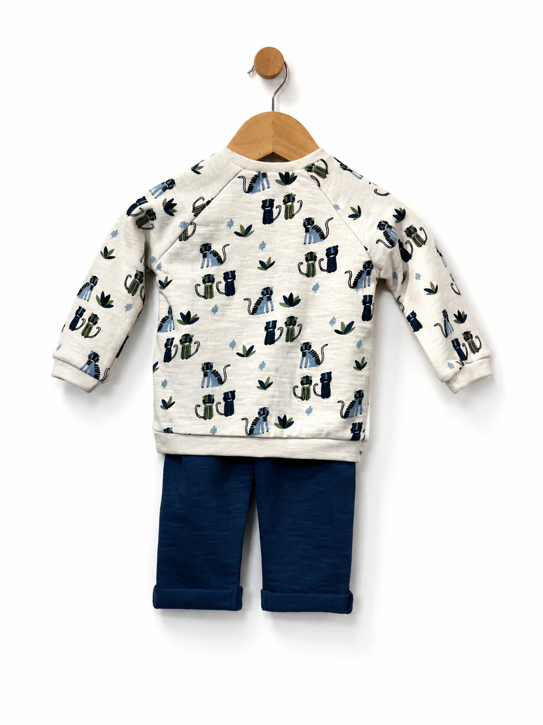 Babybol baby boys cat print top and navy trousers set back view