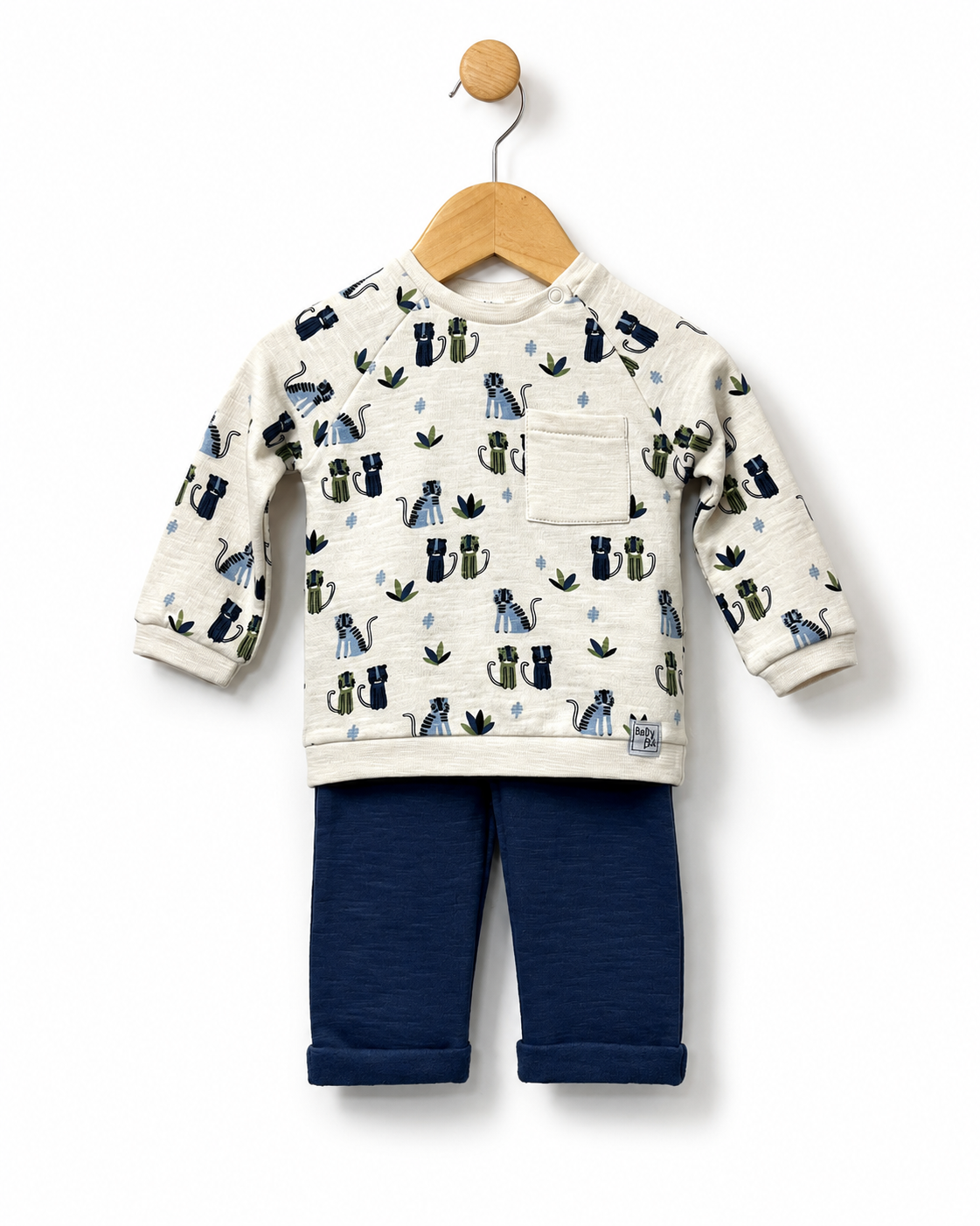 Babybol baby boys cream cat print top and navy trousers set front view