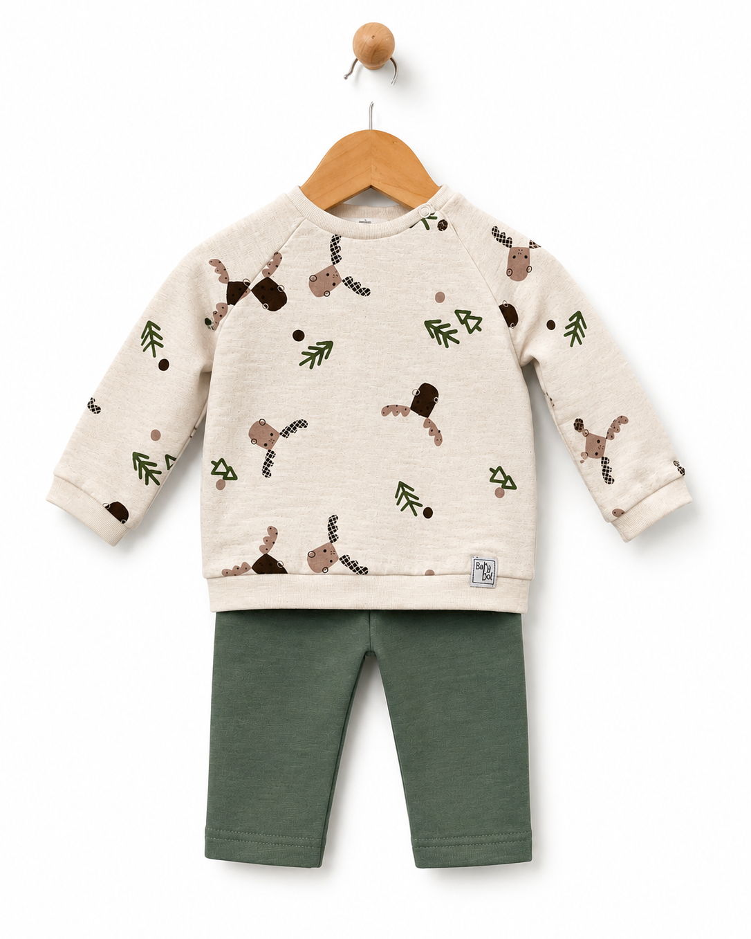 Babybol Cream woodland animal sweatshirt with green baby trousers