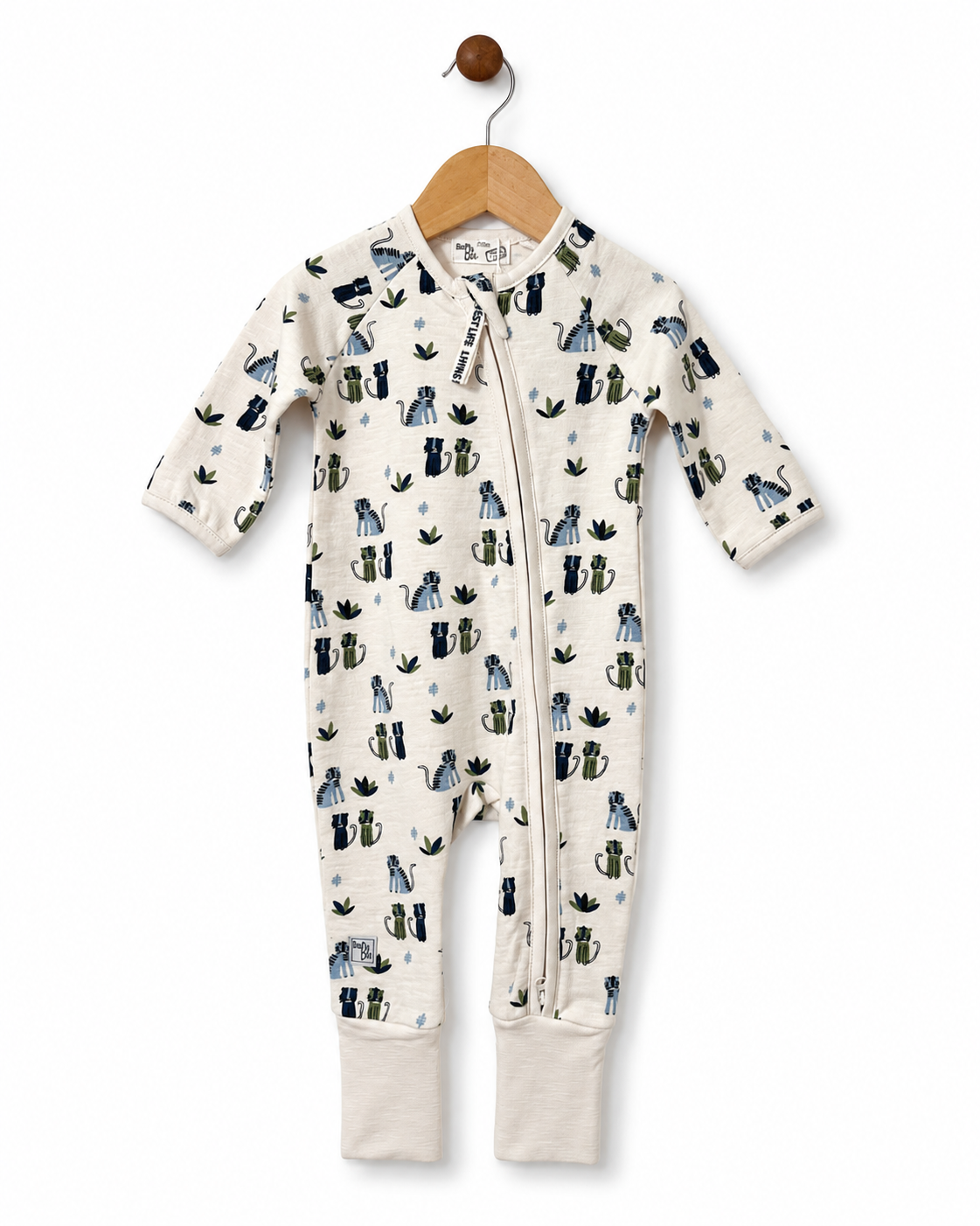 Babybol baby boys cream cat print long sleeve zip romper front