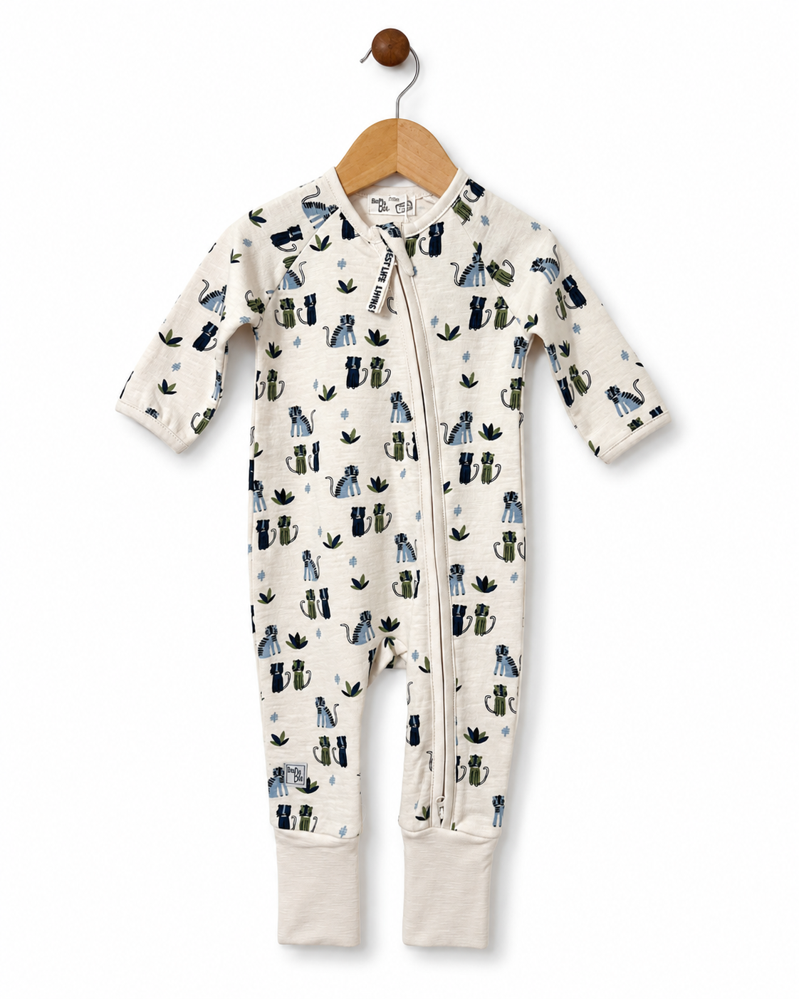 Babybol baby boys cream cat print long sleeve zip romper front