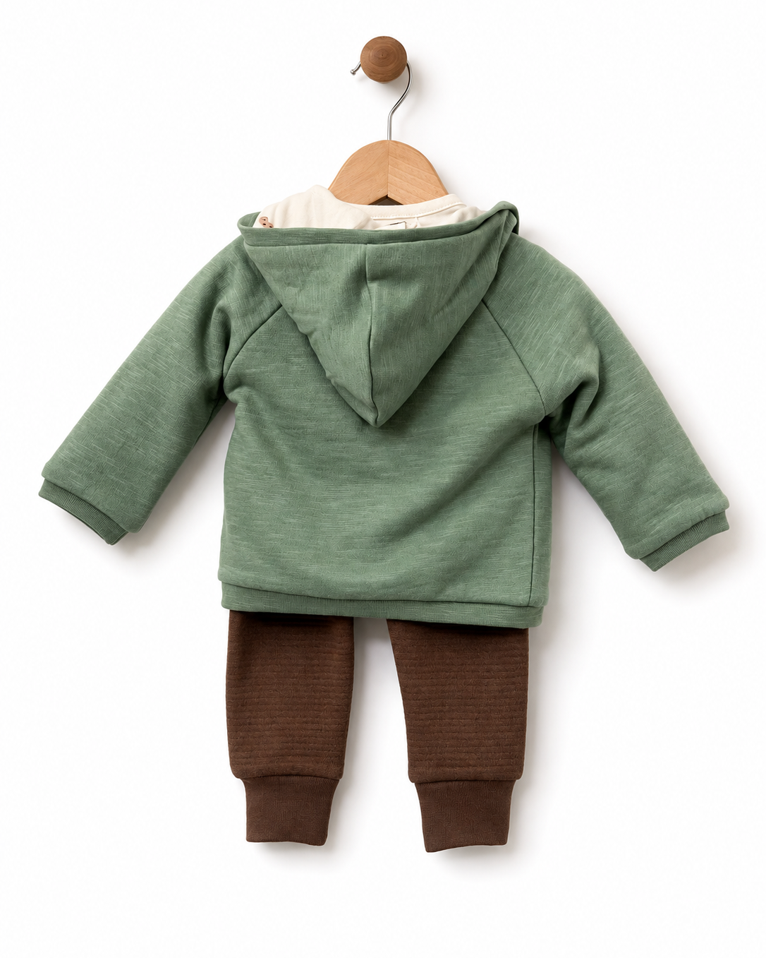 Babybol baby boys three-piece outfit set with sage green hooded jacket and brown joggers, back view.