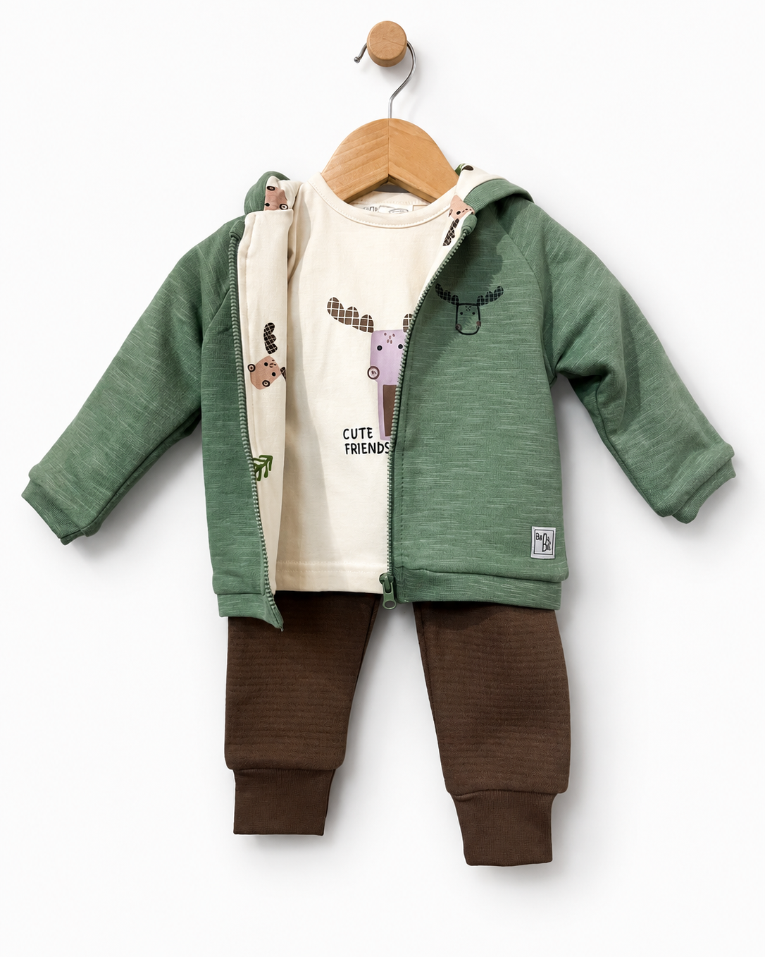 Babybol baby boys three-piece outfit set with sage green hooded jacket, cream animal print top and brown joggers