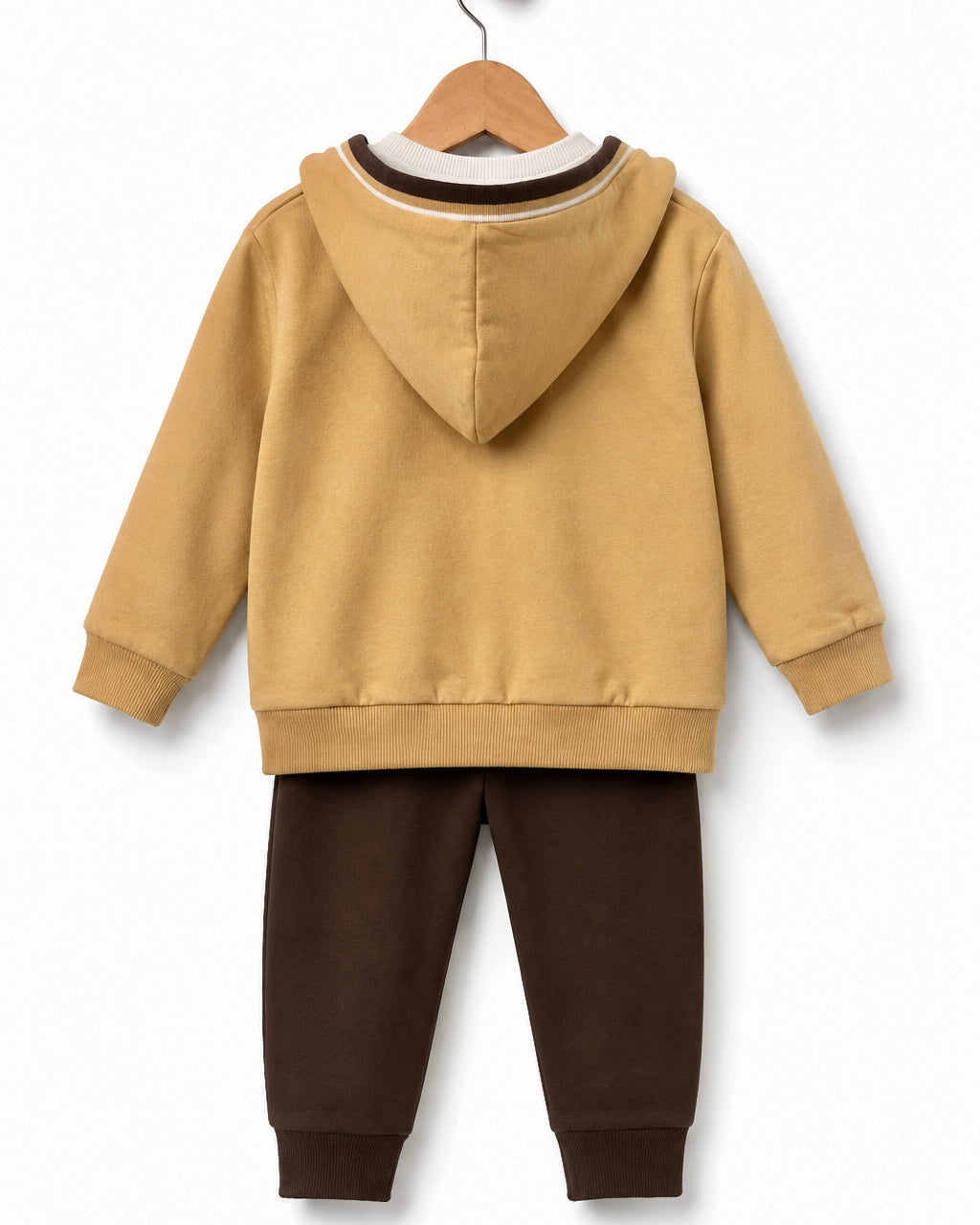 Back view of Babybol baby boys mustard hooded jacket and brown joggers outfit set
