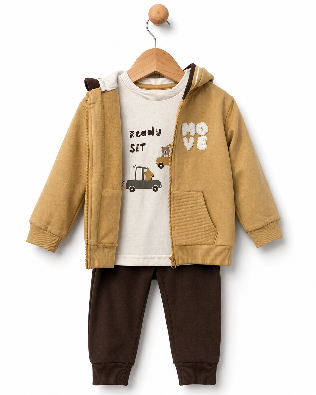 Babybol baby boys mustard hooded jacket, printed top and brown joggers three-piece outfit set