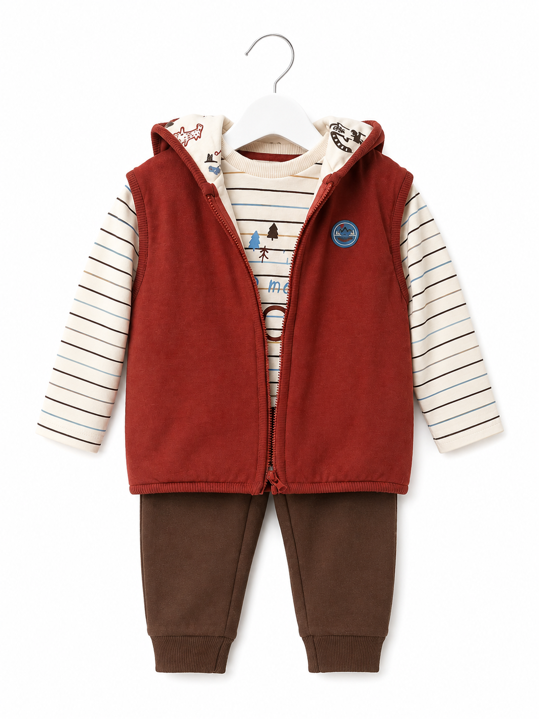 Babybol baby and boys rust three-piece outfit set with hooded gilet, striped top and brown joggers front view