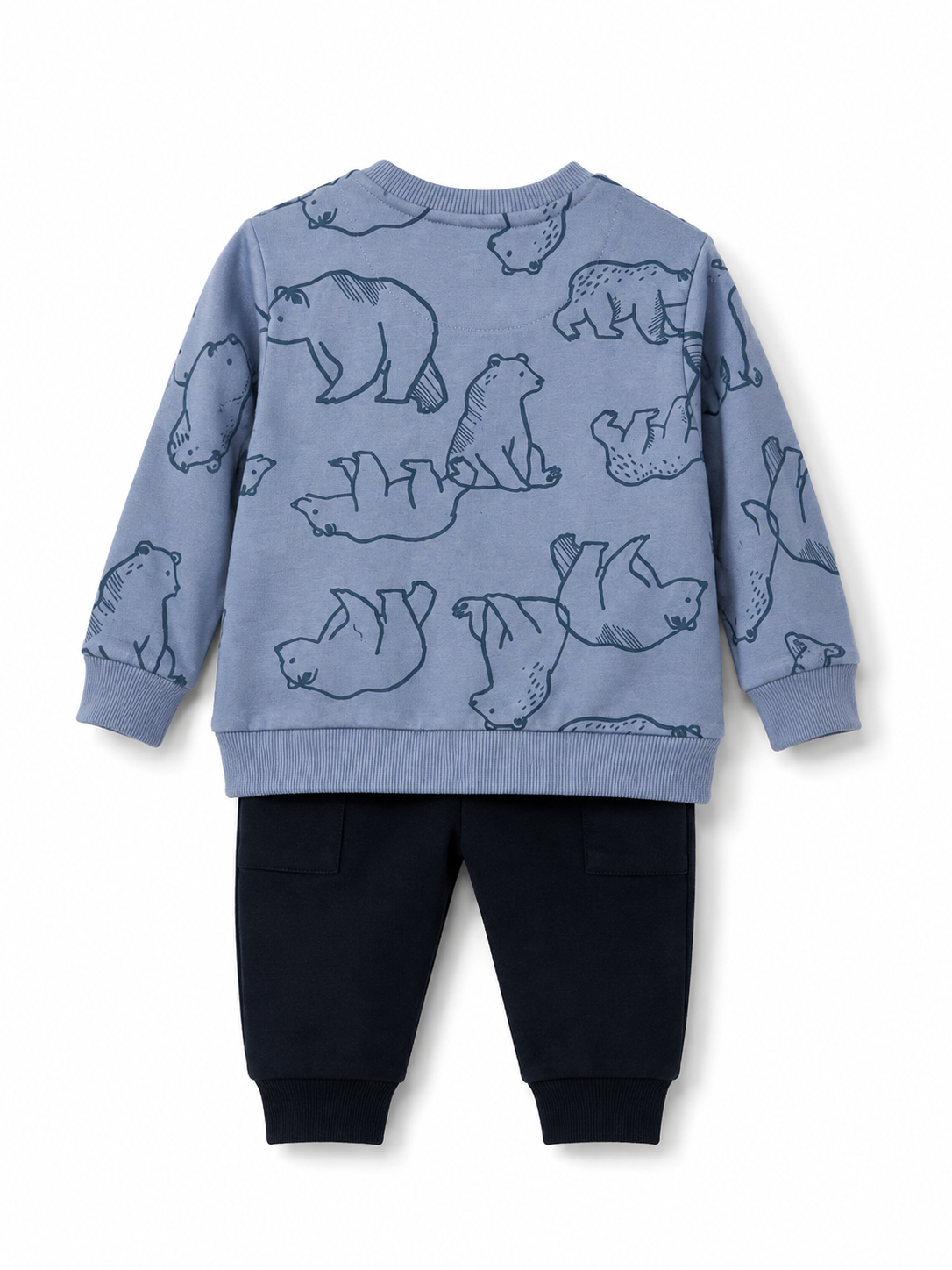 Babybol Mountain Adventure bear print boys 2 piece outfit set with navy joggers back view