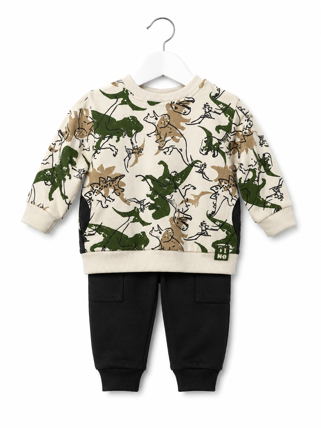 Babybol baby boys dinosaur 2 piece outfit set with cream printed sweatshirt and black joggers front view