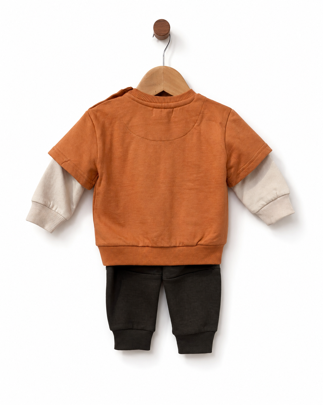 Back view of Babybol baby boys orange sweatshirt and brown cuffed joggers tracksuit set