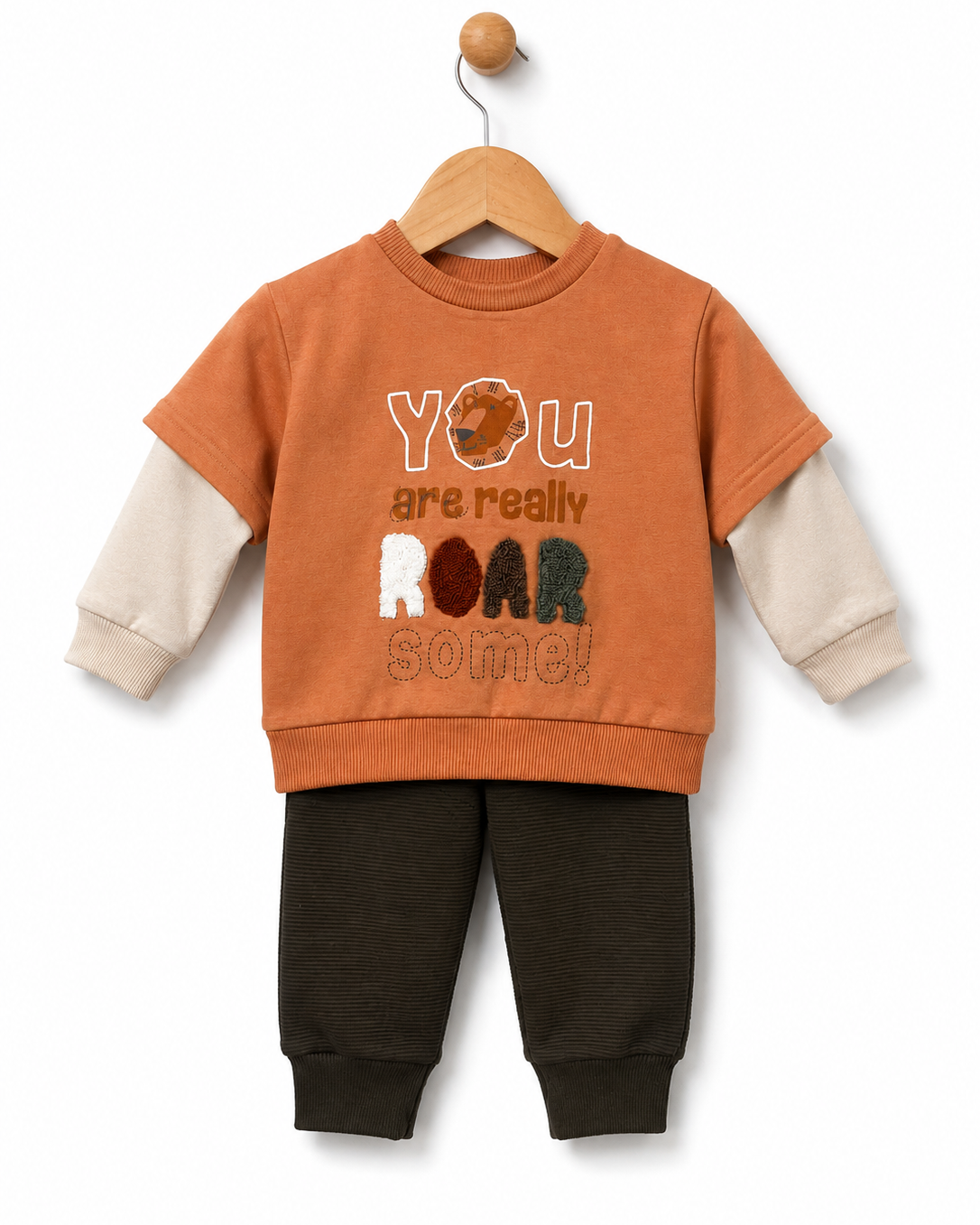 Babybol baby boys orange Roarsome sweatshirt and brown joggers two-piece tracksuit set