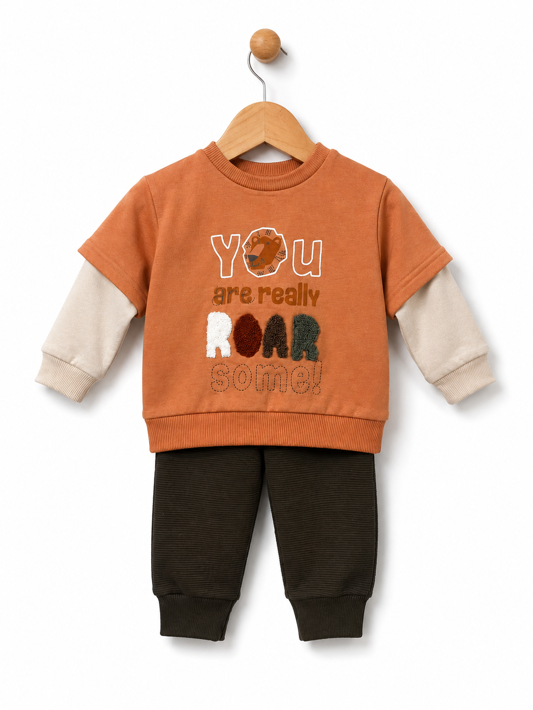 Babybol baby boys orange Roarsome sweatshirt and brown joggers two-piece tracksuit set
