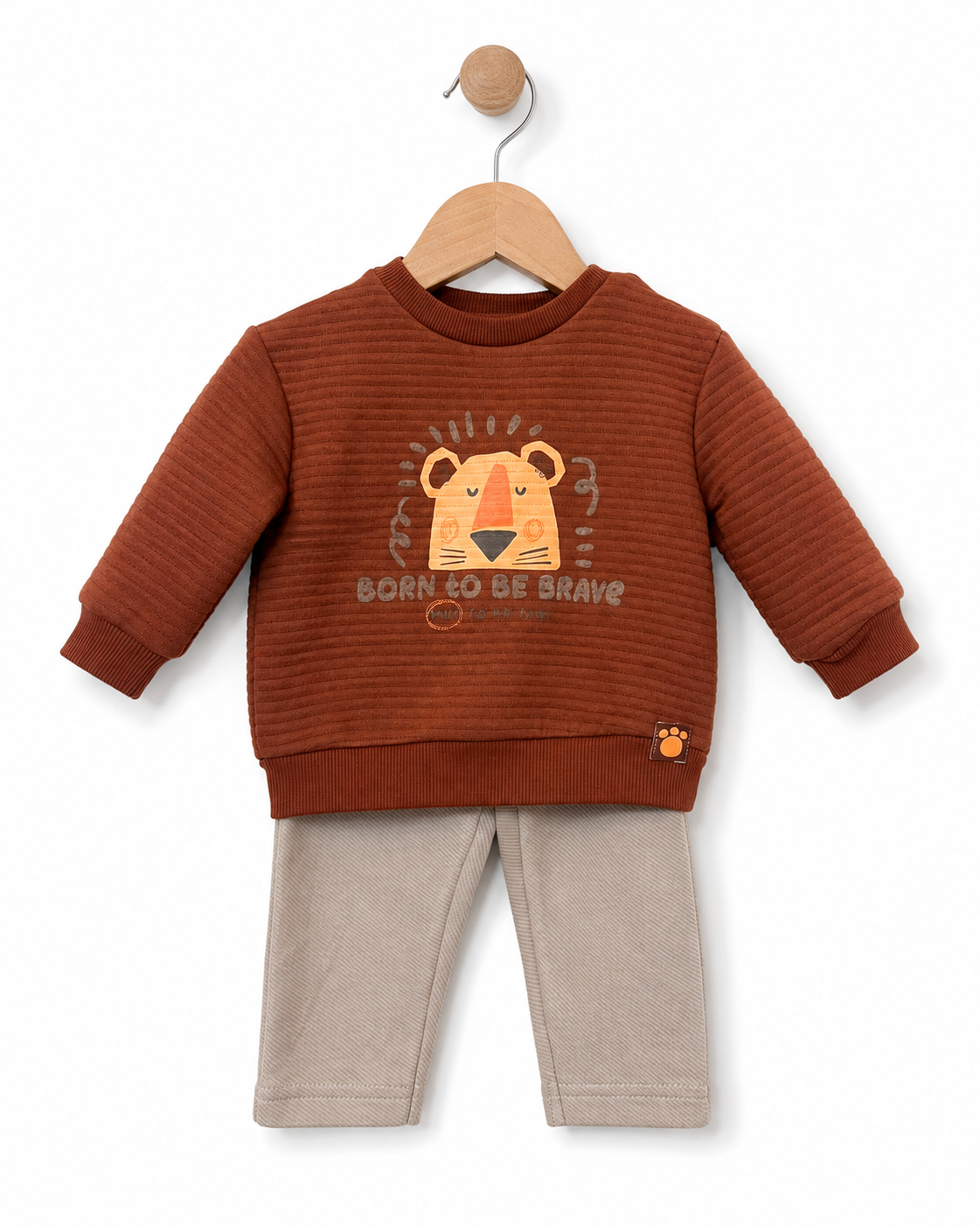 Babybol baby boys rust lion sweatshirt and beige trousers outfit set front