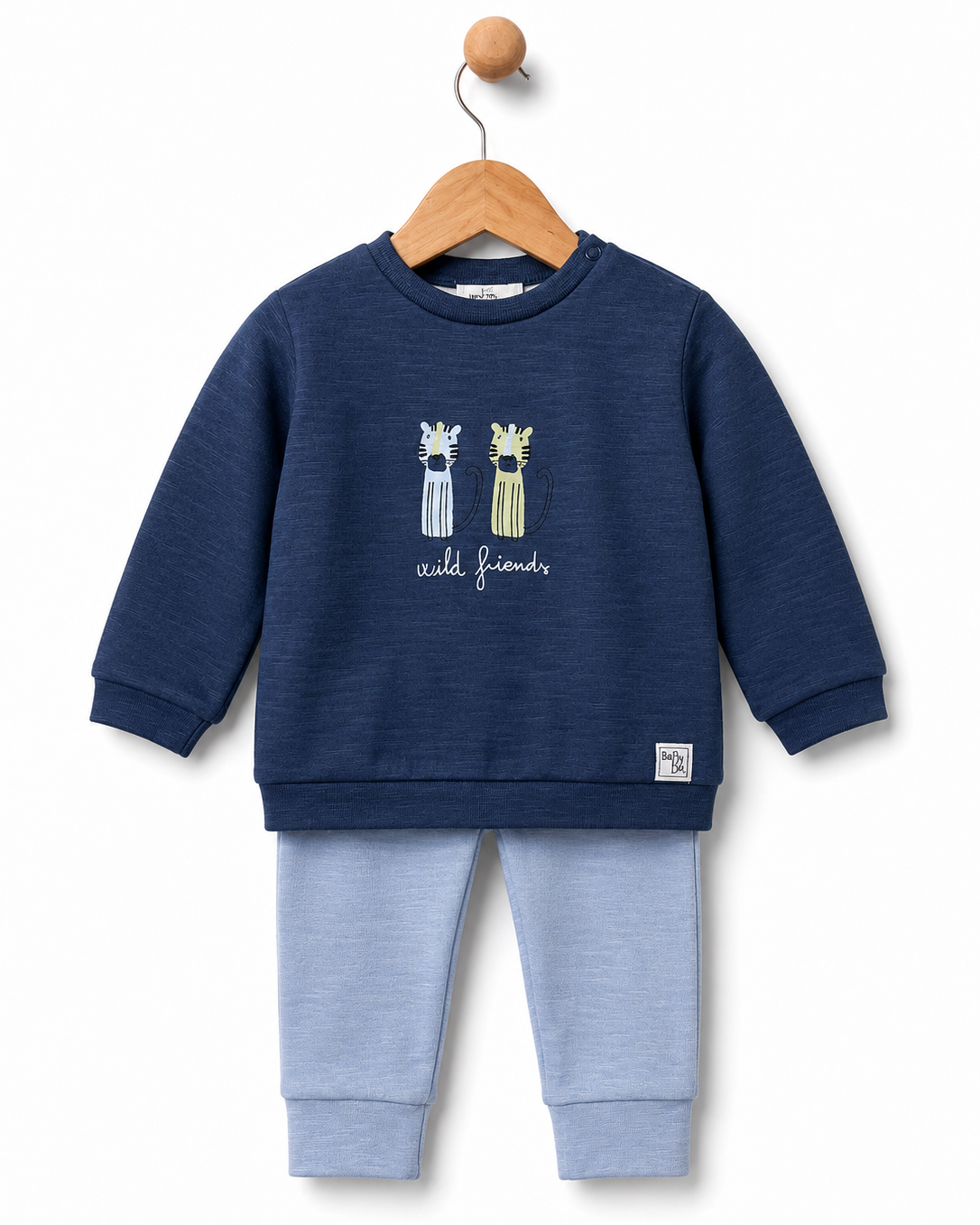 Babybol baby boys navy Wild Friends sweatshirt and light blue trousers outfit set front