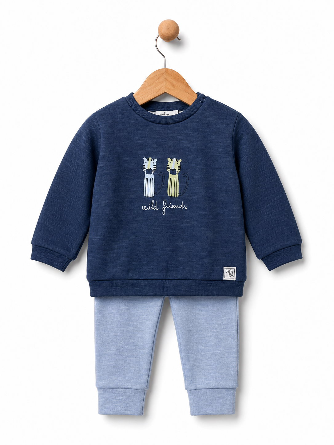 Babybol baby boys navy Wild Friends sweatshirt and light blue trousers outfit set front