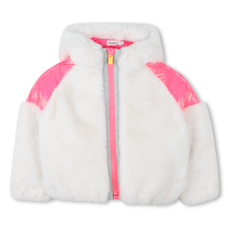Billieblush girls winter white fleece zip jacket with pink shoulders — front view