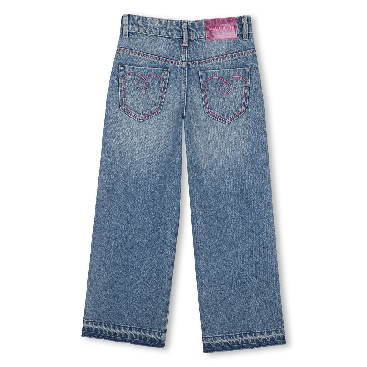 Billieblush girls wide leg denim jeans back view with pink stitched pockets