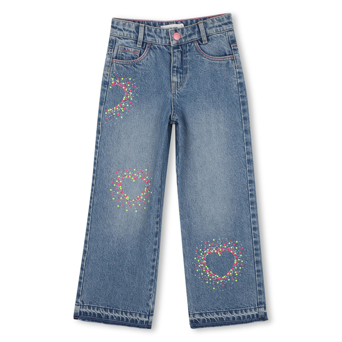 Billieblush girls blue wide leg jeans with colourful heart motifs front view