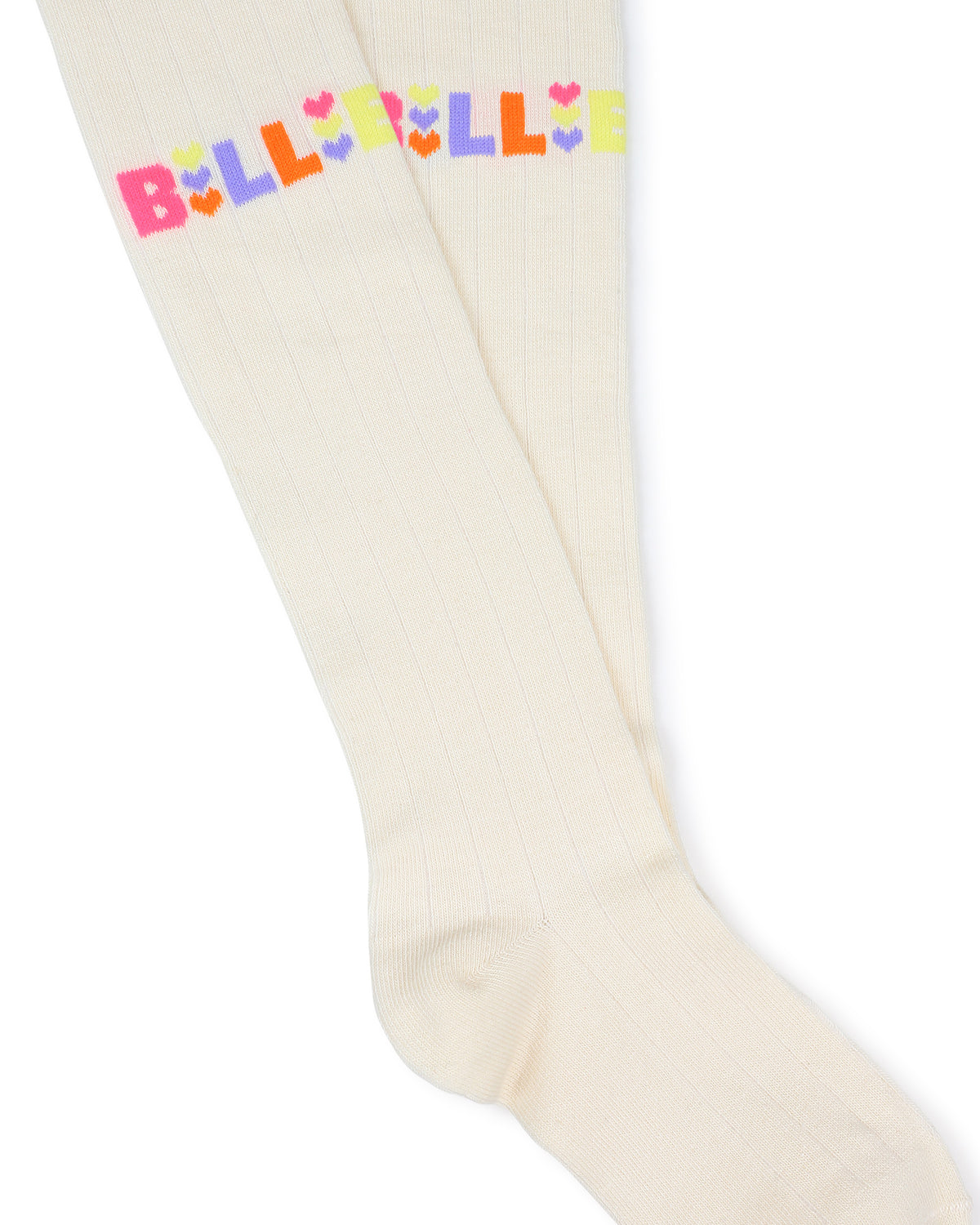 Close-up of Billieblush ivory girls tights with multicoloured logo and heart details