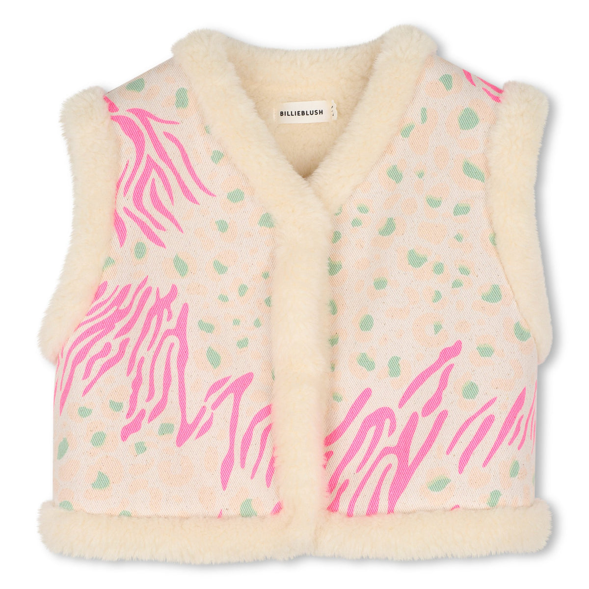 Billieblush girls cream sleeveless cotton jacket with fluffy trim front view