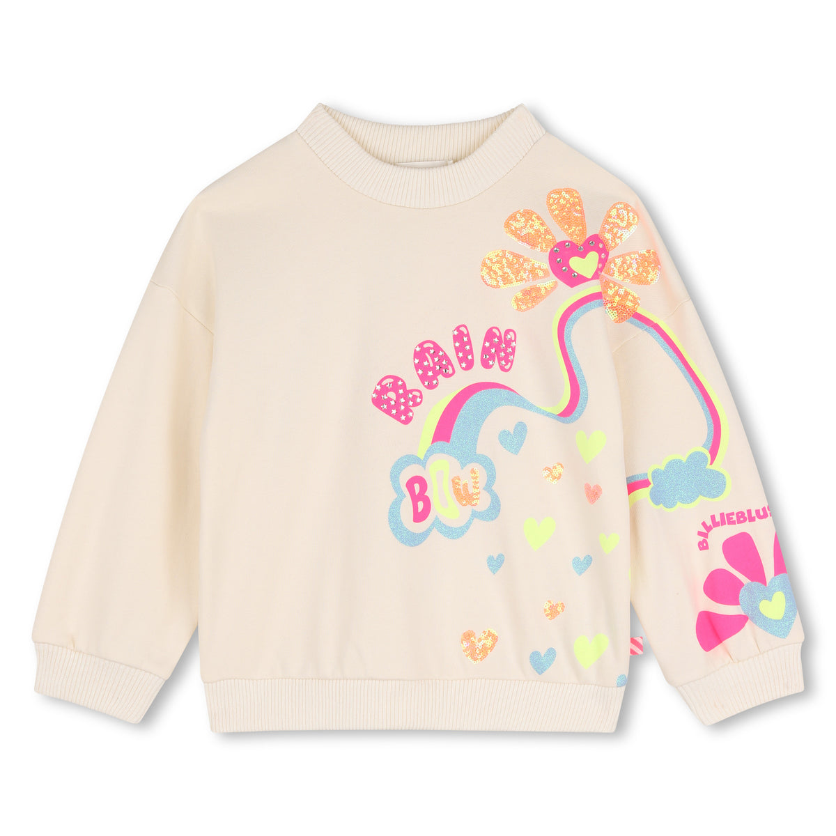 Billieblush girls cream cotton sweatshirt with rainbow, floral and heart graphics front view