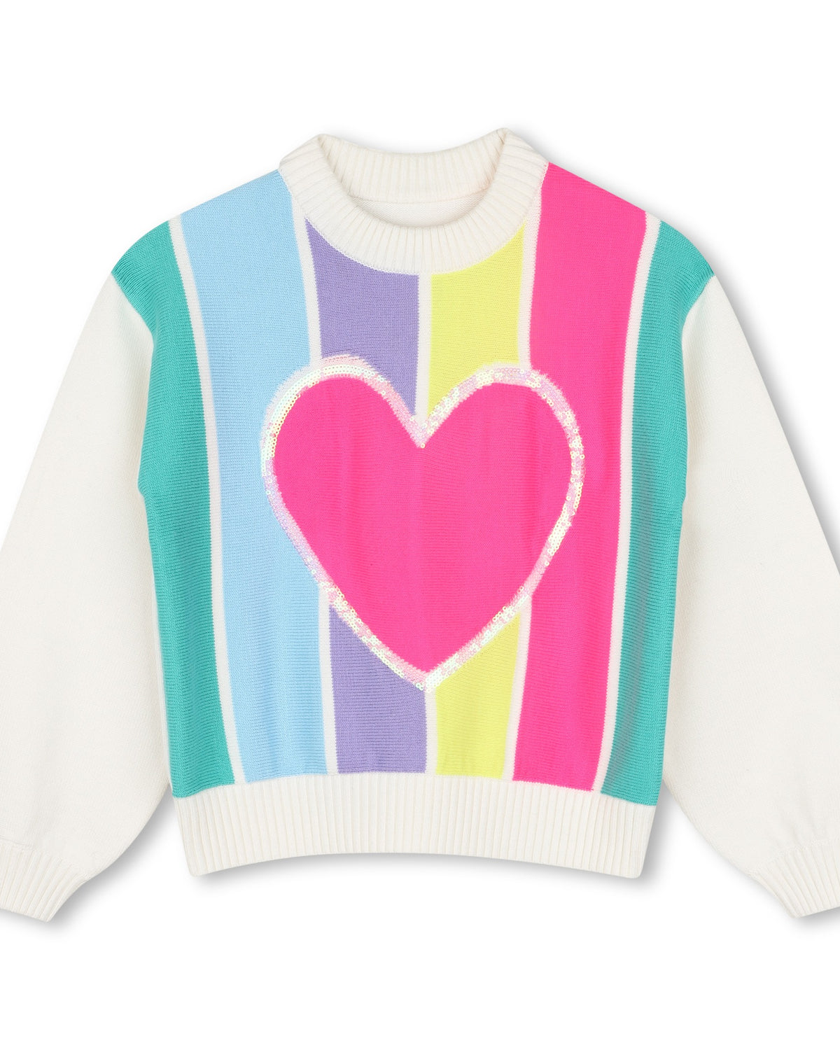 Billieblush girls cream knitted jumper with rainbow stripes and large pink heart – front view
