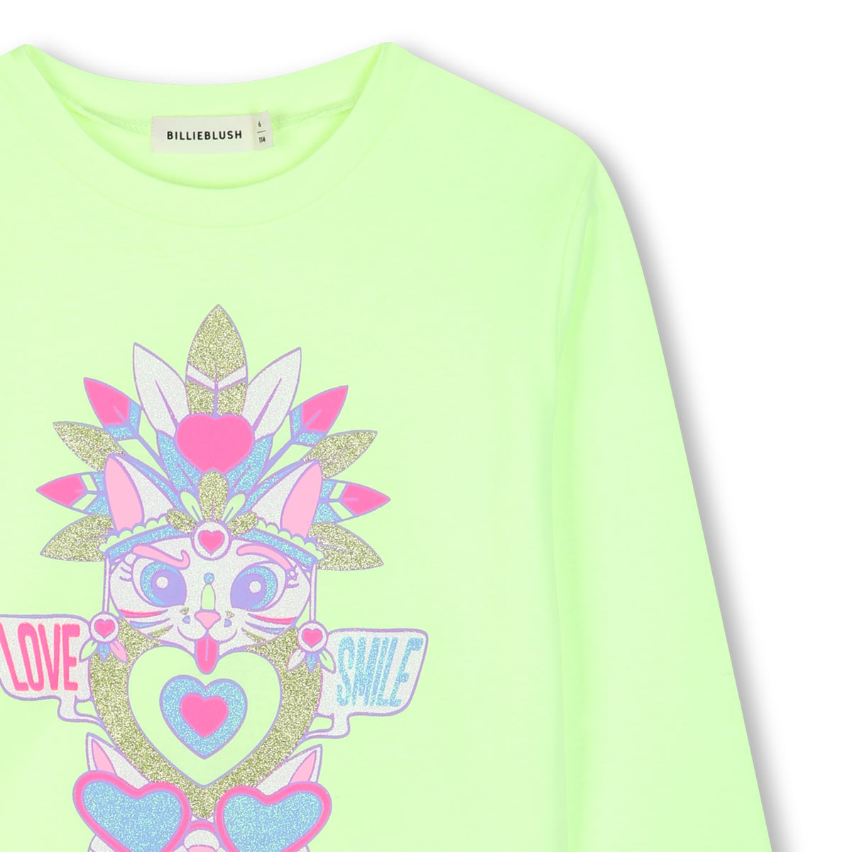Back of Billieblush girls lime green long sleeve cotton T-shirt