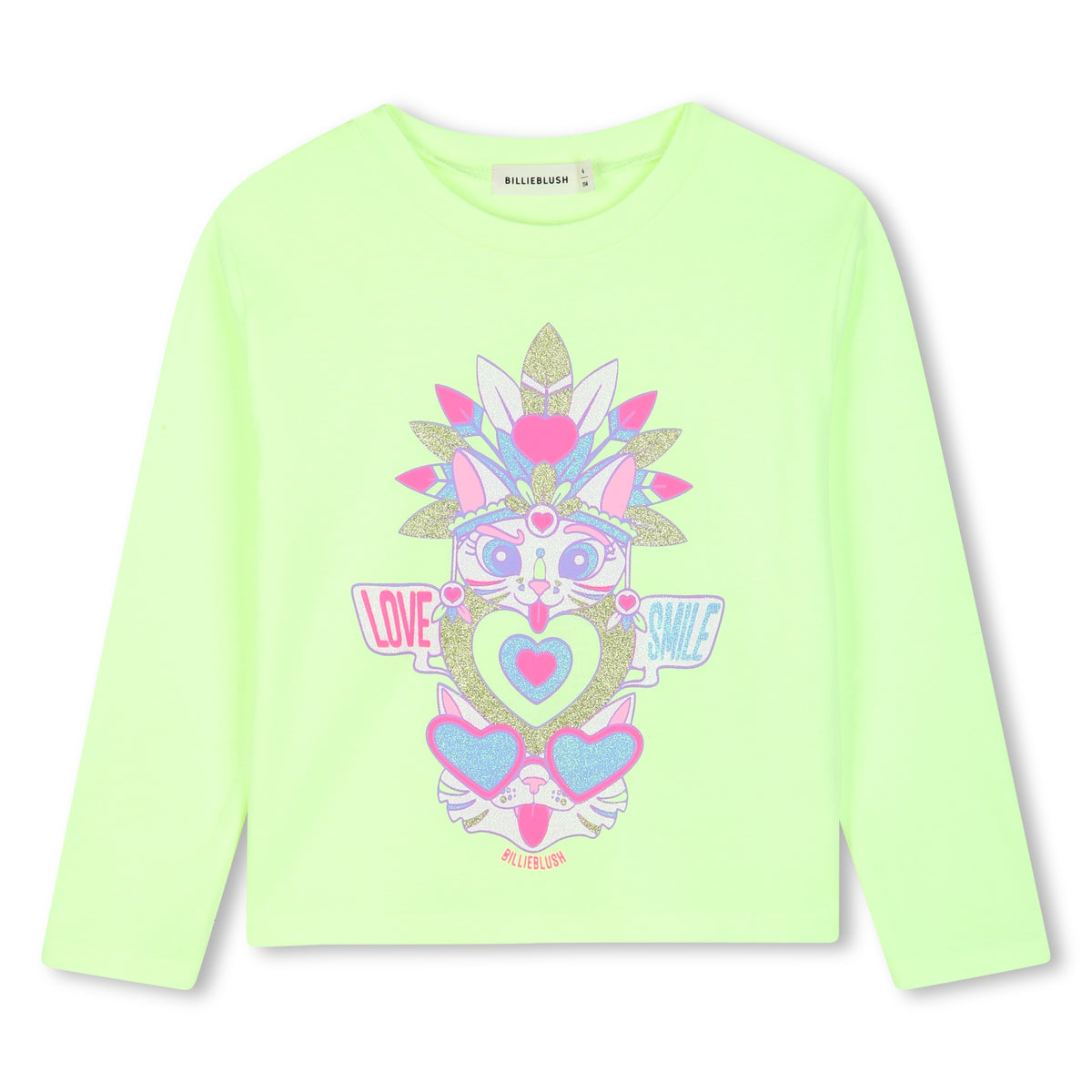 Billieblush girls lime green cotton long sleeve T-shirt with multicoloured heart print