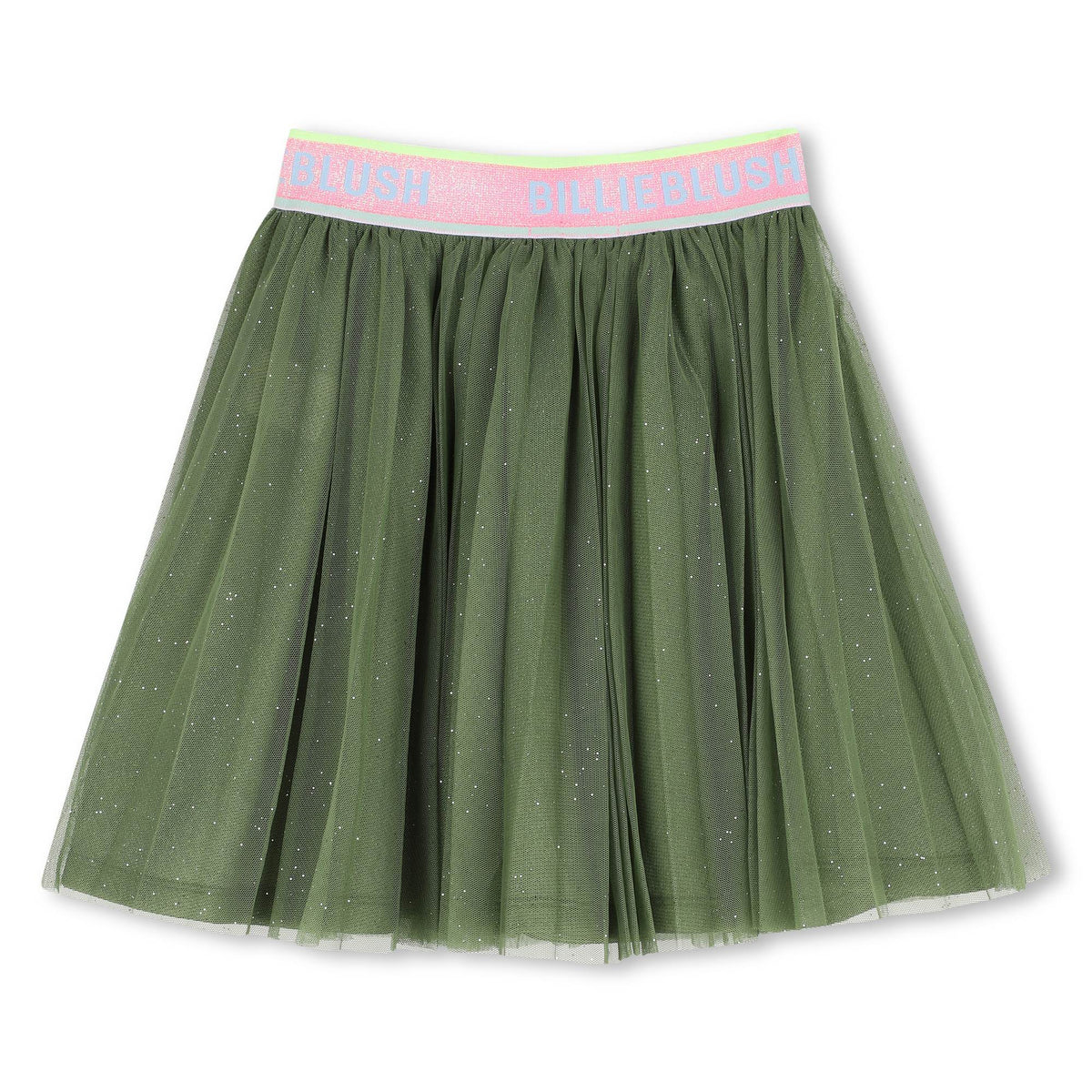 Back view of Billieblush girls green gathered tulle skirt with branded elastic waist