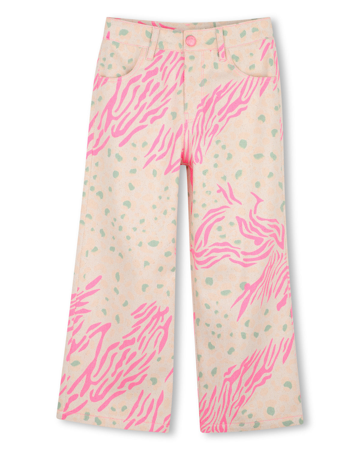 Billieblush girls pink animal print wide leg cotton trousers front view