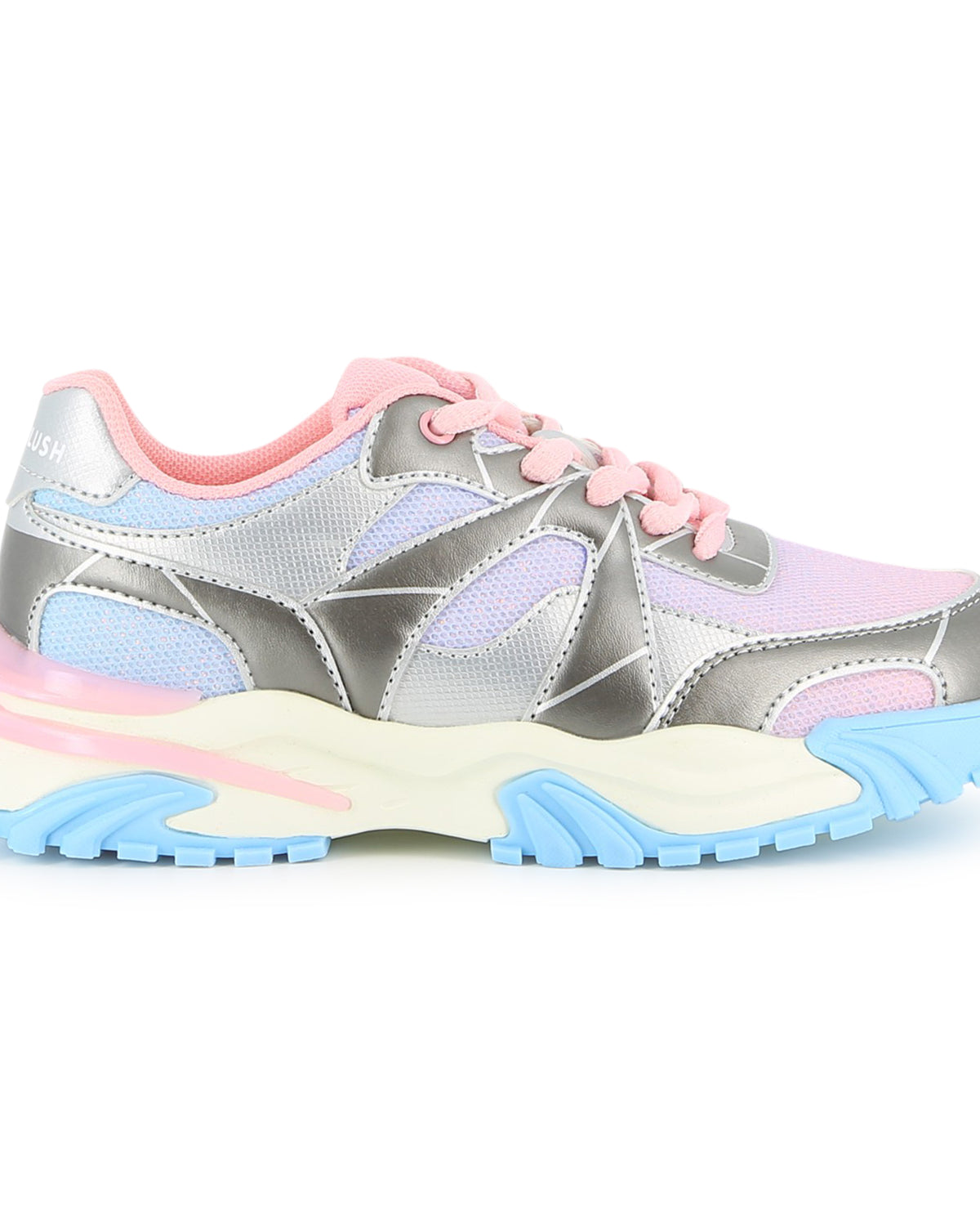 Billieblush girls silver and pastel pink trainers side view with chunky blue sole