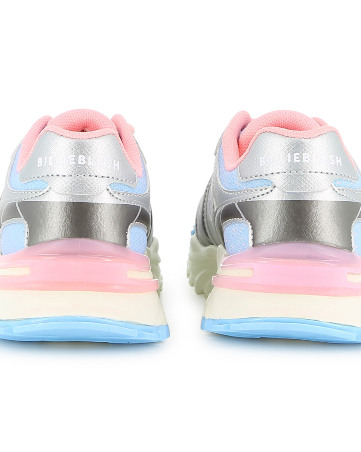 Billieblush girls metallic trainers rear view showing pink heel and blue sole