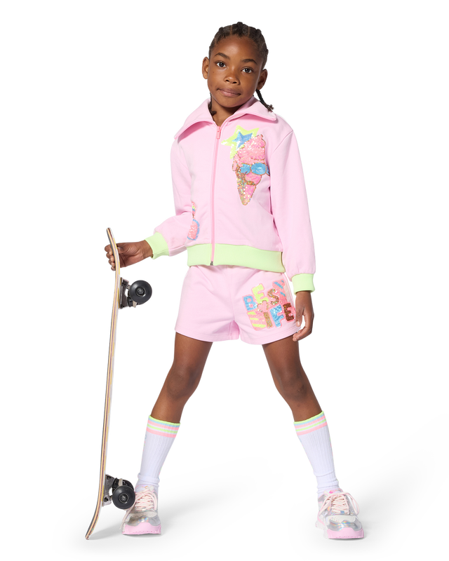 Billieblush girls outfit pink sequin cardigan styled look