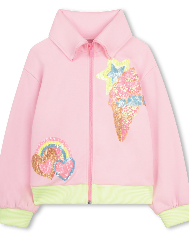 Billieblush girls pink sequin motif zip up cardigan front view