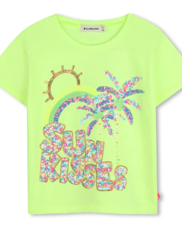Billieblush girls lime green palm print sequin t-shirt front