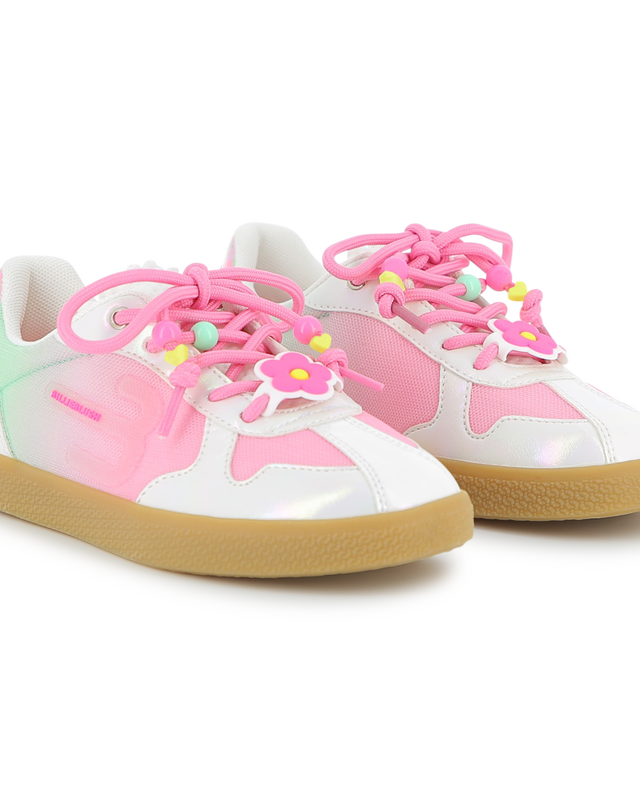 Billieblush girls pink green trainers beaded laces flower charm front view