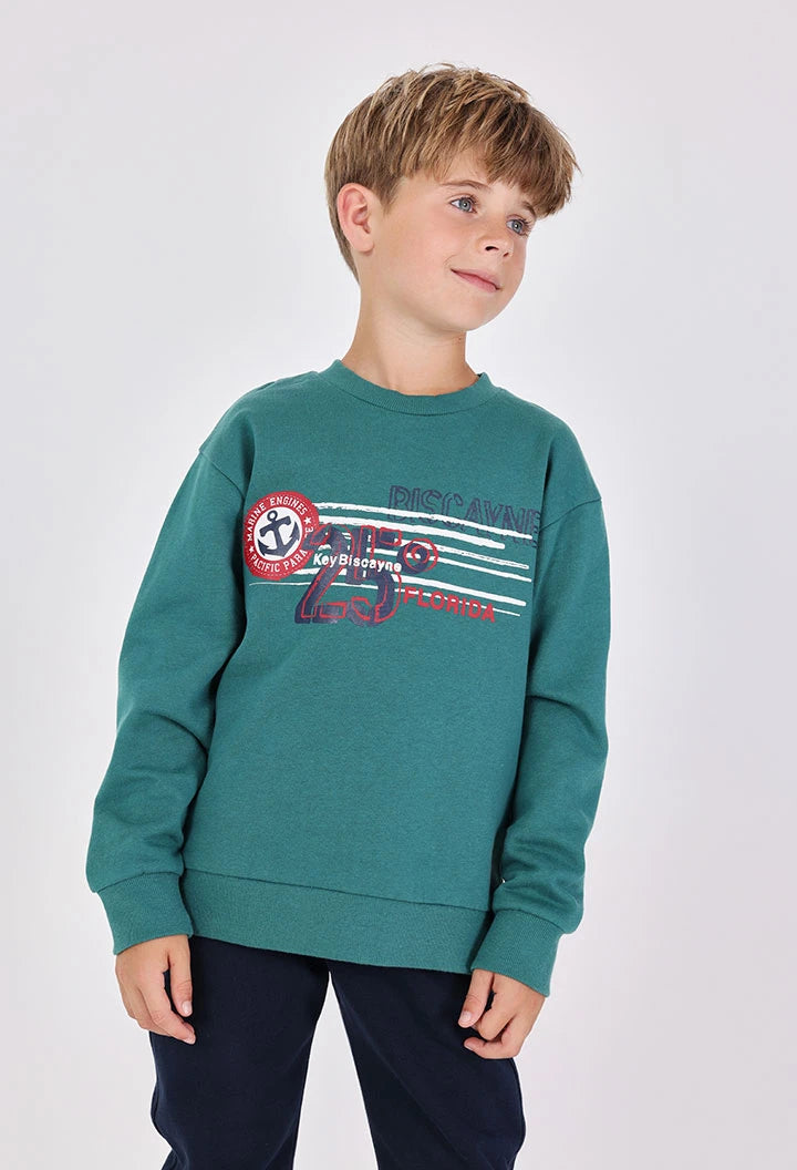 Boboli boys green cotton tracksuit set on model – sweatshirt and joggers, front view