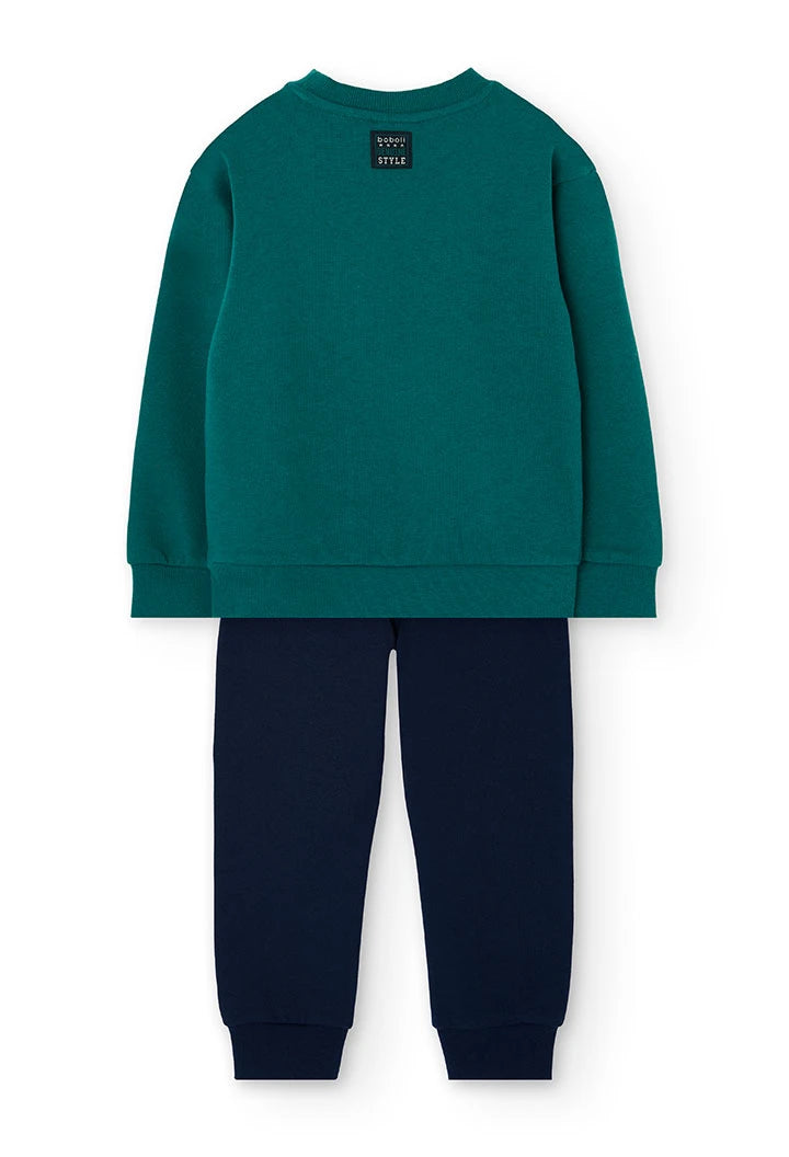 Back view of Boboli boys green cotton tracksuit set showing sweatshirt and joggers