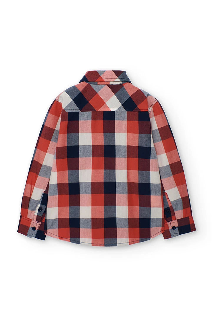 Back view of Boboli boys check shirt in red, navy and white