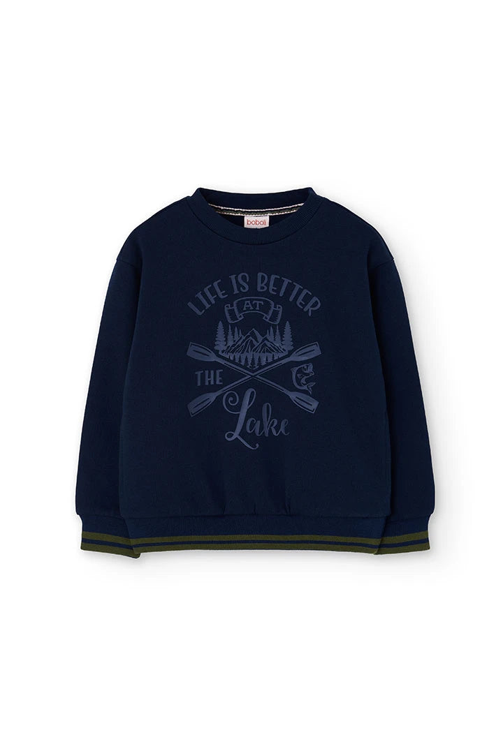 Boboli Boys navy fleece sweatshirt with “Life is Better at the Lake” print – front flat lay.