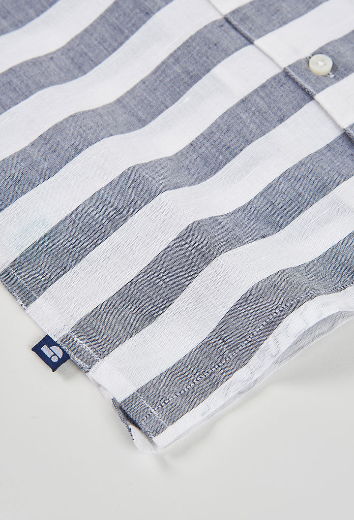 boys linen shirt blue stripe worn outfit
