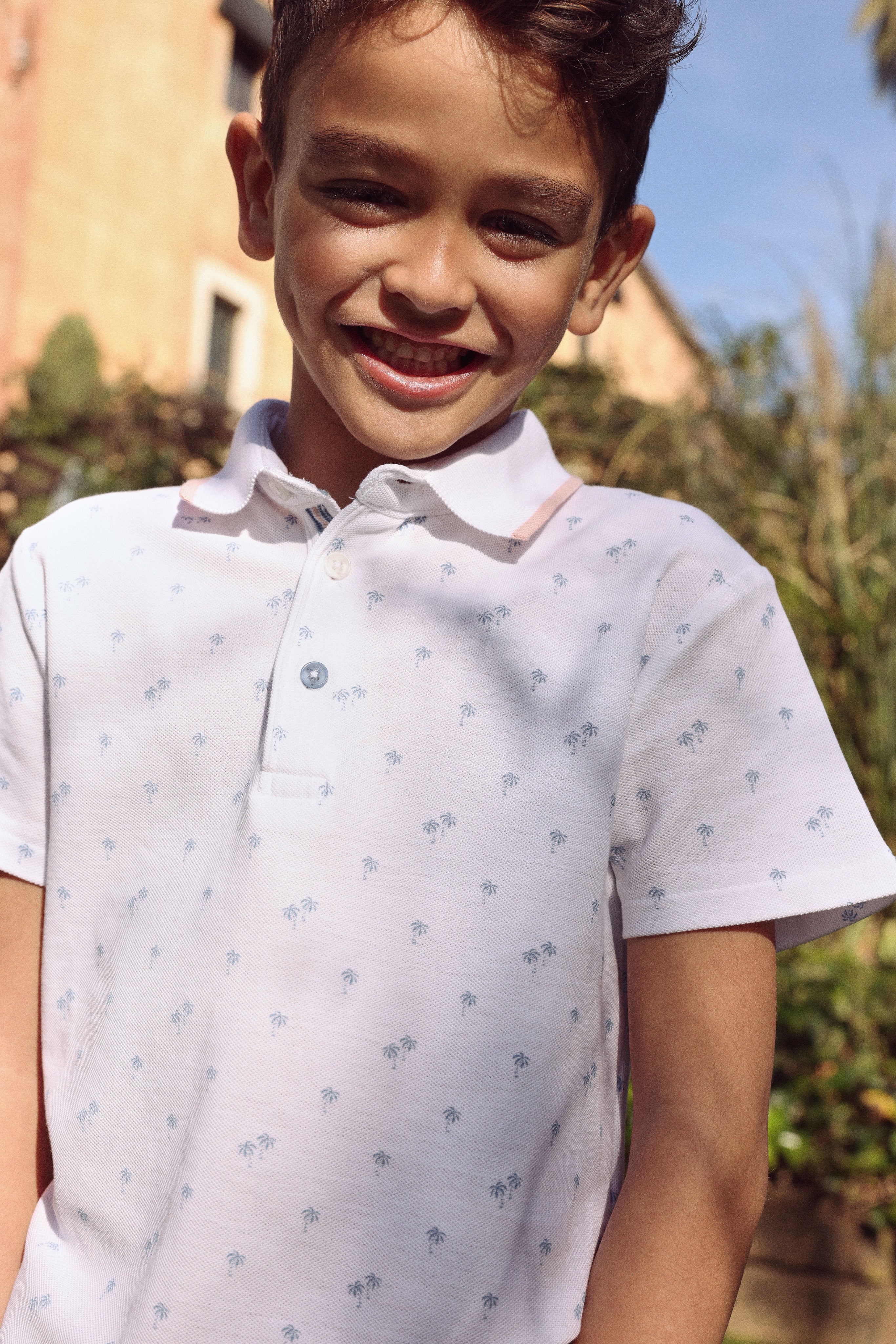 boys palm print polo shirt baby toddler lifestyle image garden